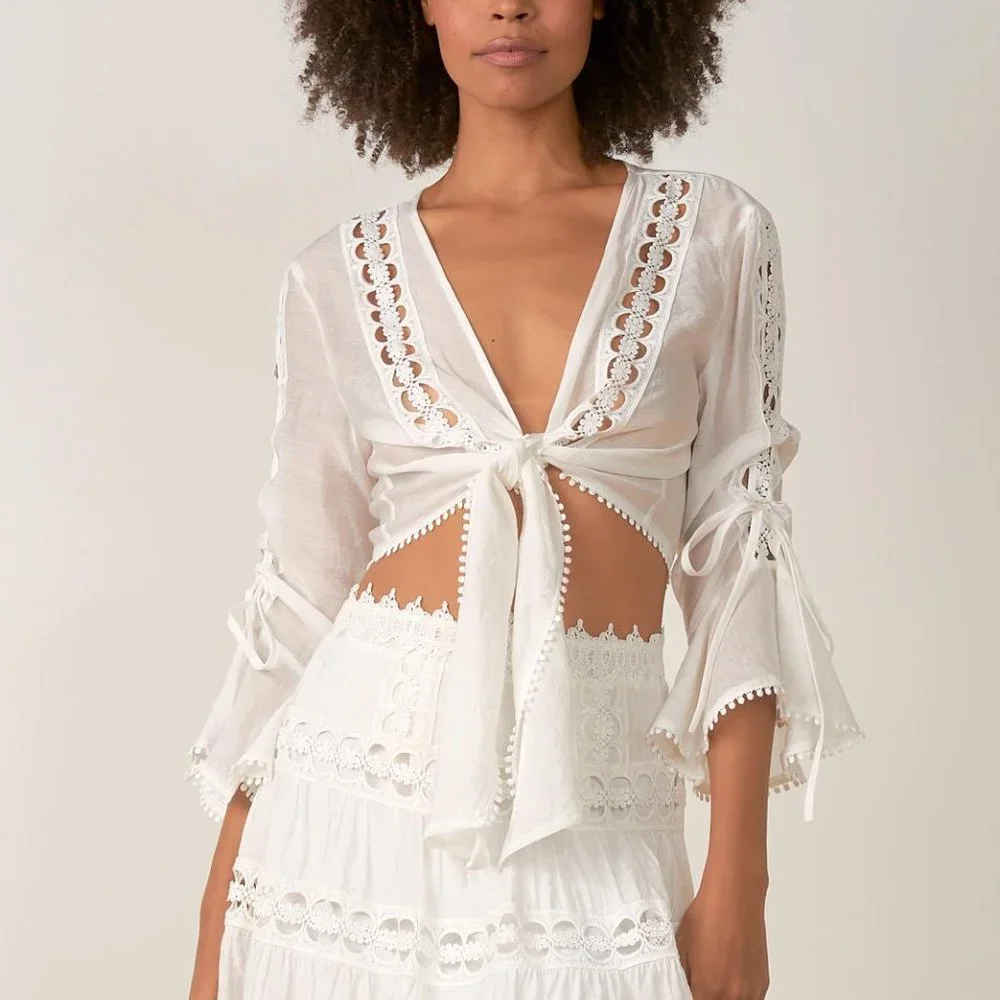 Elan Crochet Tie Front Crop Top White lightweight bell sleeve tie front. Size L - Picture 2 of 12